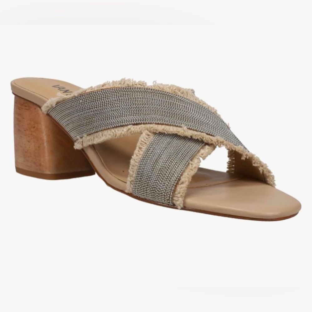 VANELi Sandals Slides Fabric Silver Metal Mesh Fringe Wooden Heel Women's 10M